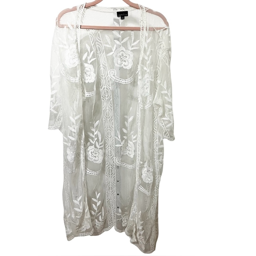 Zenobia Boho White Floral Lace Cardigan 2XL Feminine Flowy Embroidered‎